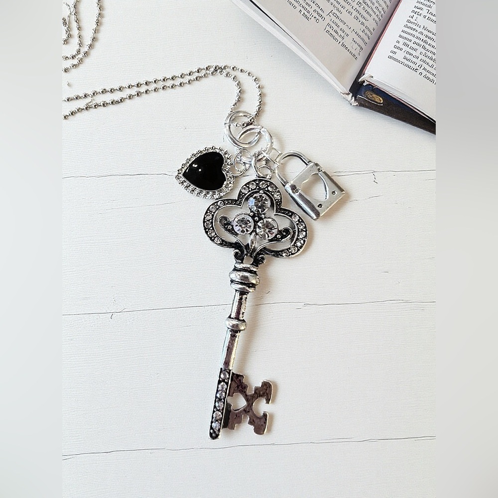 Gorgeous Black and Silver Toned Heart Lock and Key Pendant Necklace
